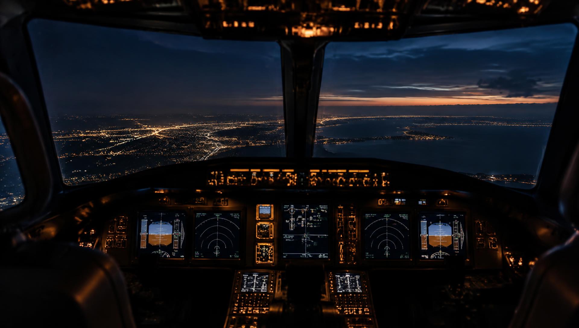 Night flight deck above the city lights