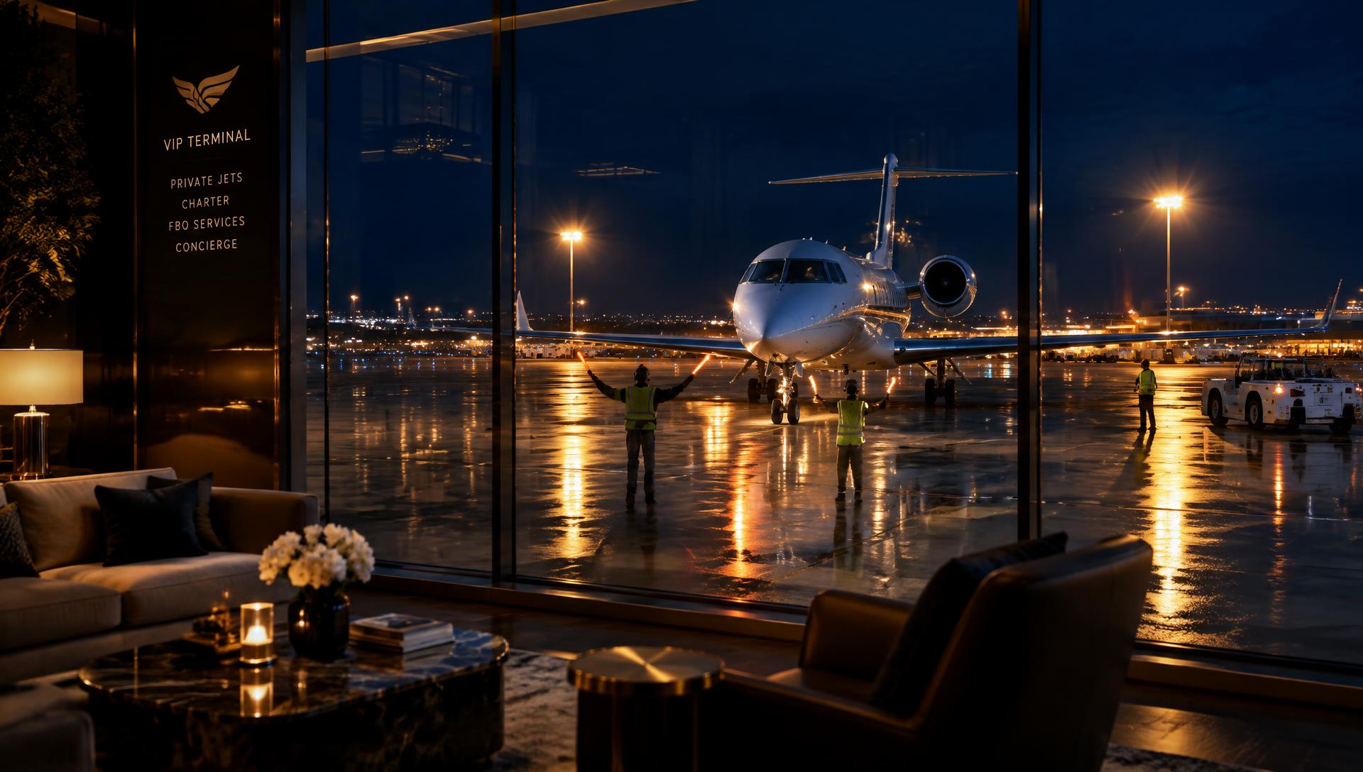 VIP terminal overlooking a business jet on the floodlit apron at night