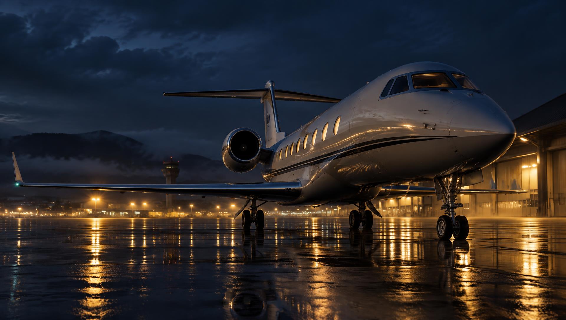 LFS business jet on the apron at dusk